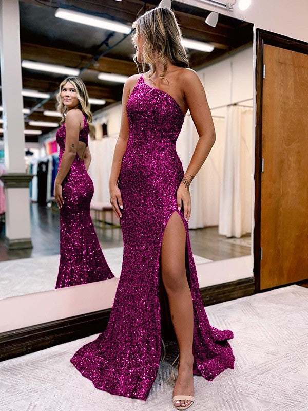 Trumpet/Mermaid Velvet Sequins One-Shoulder Sleeveless Sweep/Brush Train Prom Dress