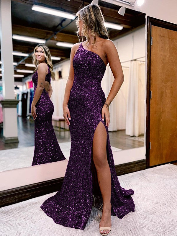 Trumpet/Mermaid Velvet Sequins One-Shoulder Sleeveless Sweep/Brush Train Prom Dress