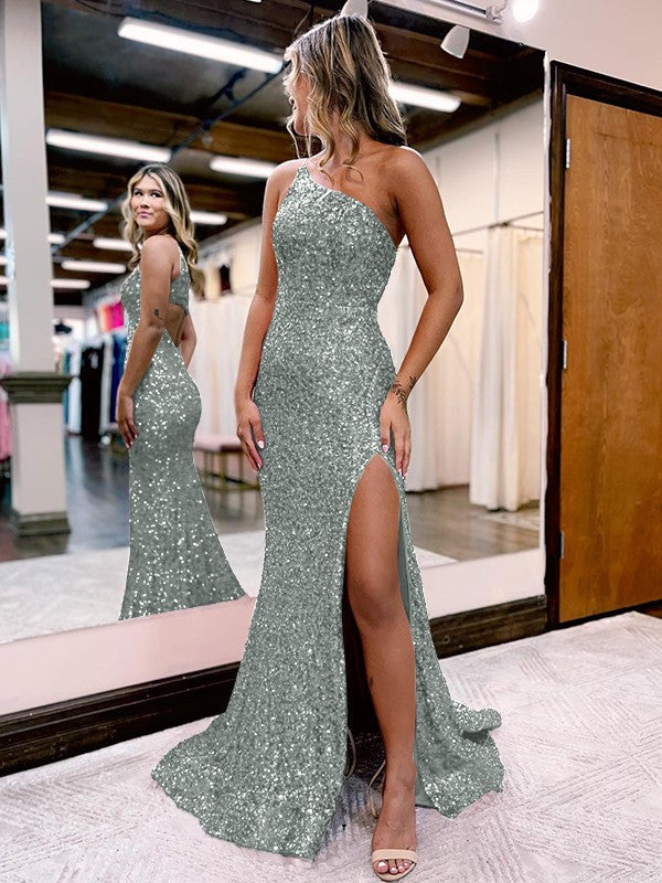 Trumpet/Mermaid Velvet Sequins One-Shoulder Sleeveless Sweep/Brush Train Prom Dress