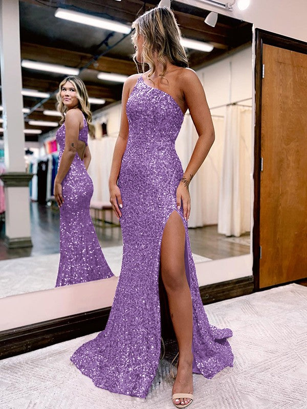 Trumpet/Mermaid Velvet Sequins One-Shoulder Sleeveless Sweep/Brush Train Prom Dress