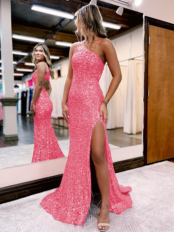 Trumpet/Mermaid Velvet Sequins One-Shoulder Sleeveless Sweep/Brush Train Prom Dress