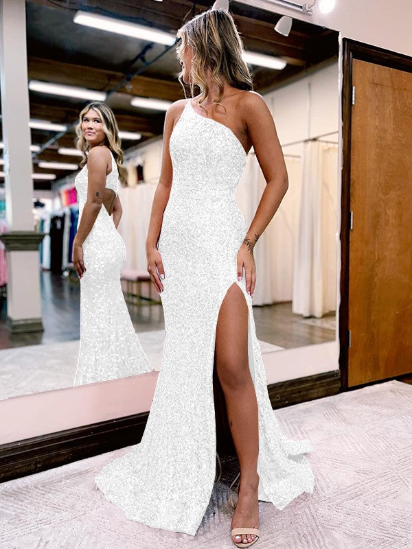 Trumpet/Mermaid Velvet Sequins One-Shoulder Sleeveless Sweep/Brush Train Prom Dress