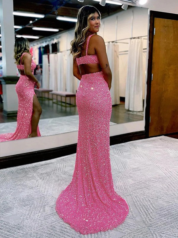 Sheath/Column Velvet Sequins V-neck Sleeveless Sweep/Brush Train Prom Dress