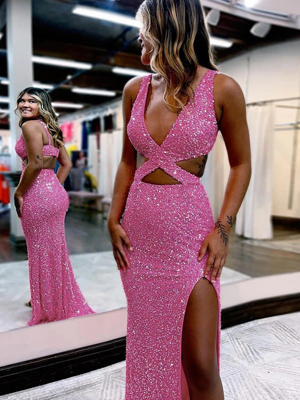 Sheath/Column Velvet Sequins V-neck Sleeveless Sweep/Brush Train Prom Dress