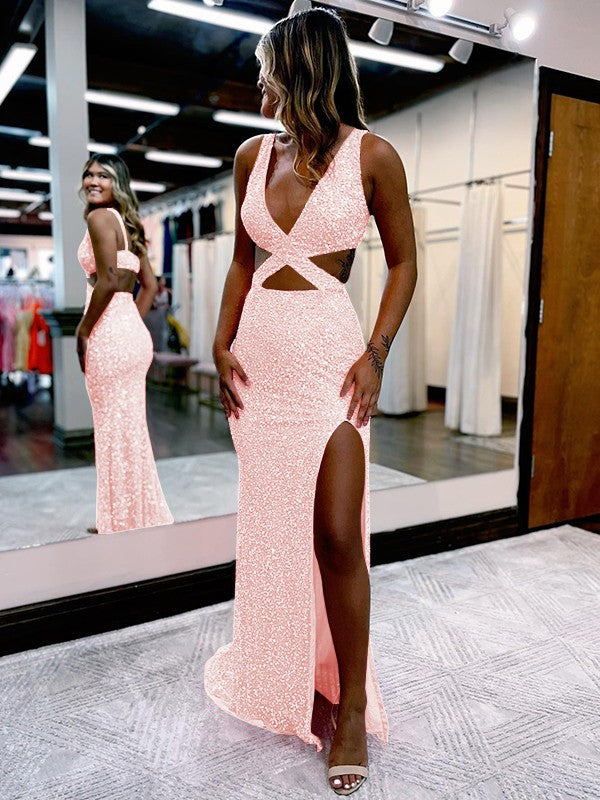 Sheath/Column Velvet Sequins V-neck Sleeveless Sweep/Brush Train Prom Dress