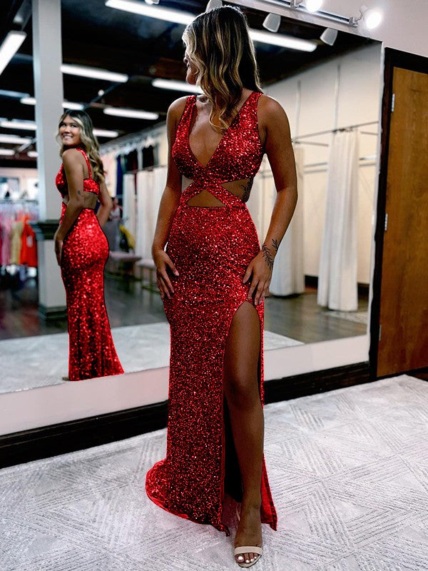 Sheath/Column Velvet Sequins V-neck Sleeveless Sweep/Brush Train Prom Dress