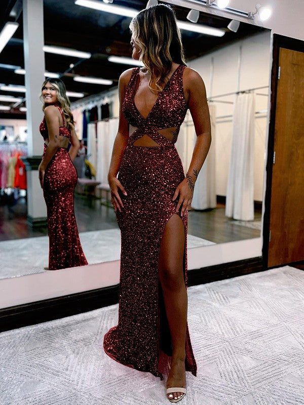 Sheath/Column Velvet Sequins V-neck Sleeveless Sweep/Brush Train Prom Dress