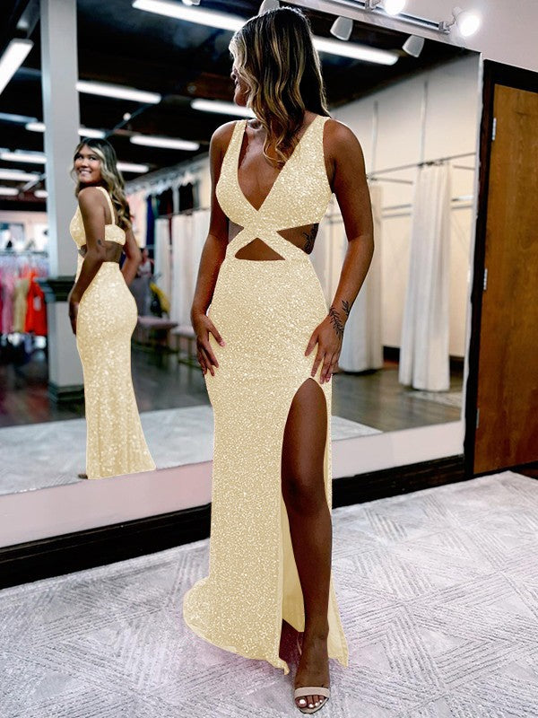 Sheath/Column Velvet Sequins V-neck Sleeveless Sweep/Brush Train Prom Dress