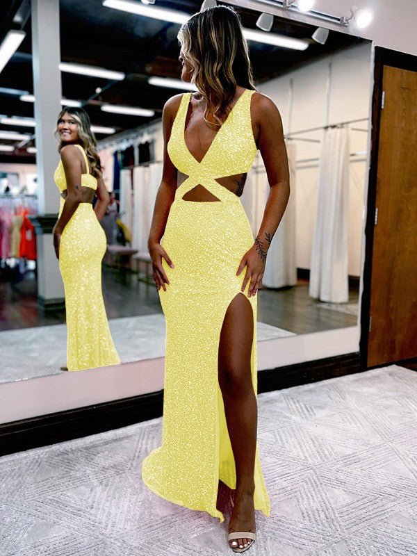 Sheath/Column Velvet Sequins V-neck Sleeveless Sweep/Brush Train Prom Dress
