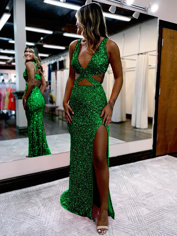 Sheath/Column Velvet Sequins V-neck Sleeveless Sweep/Brush Train Prom Dress