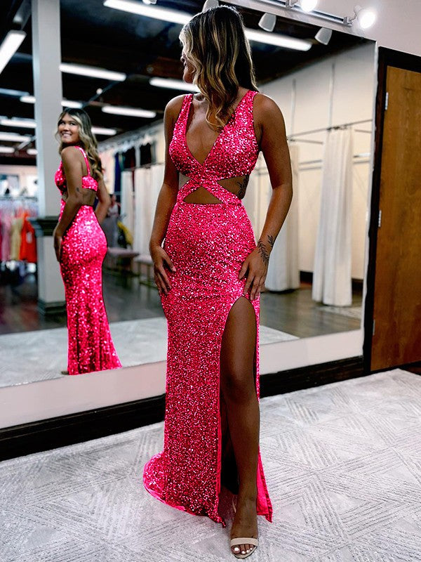 Sheath/Column Velvet Sequins V-neck Sleeveless Sweep/Brush Train Prom Dress