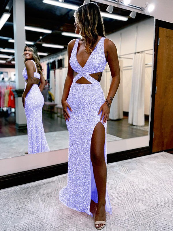 Sheath/Column Velvet Sequins V-neck Sleeveless Sweep/Brush Train Prom Dress