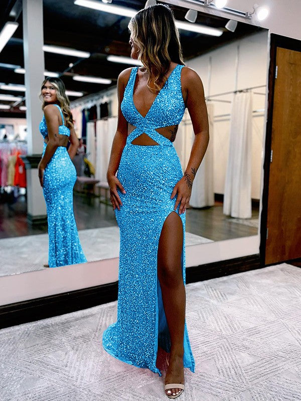 Sheath/Column Velvet Sequins V-neck Sleeveless Sweep/Brush Train Prom Dress