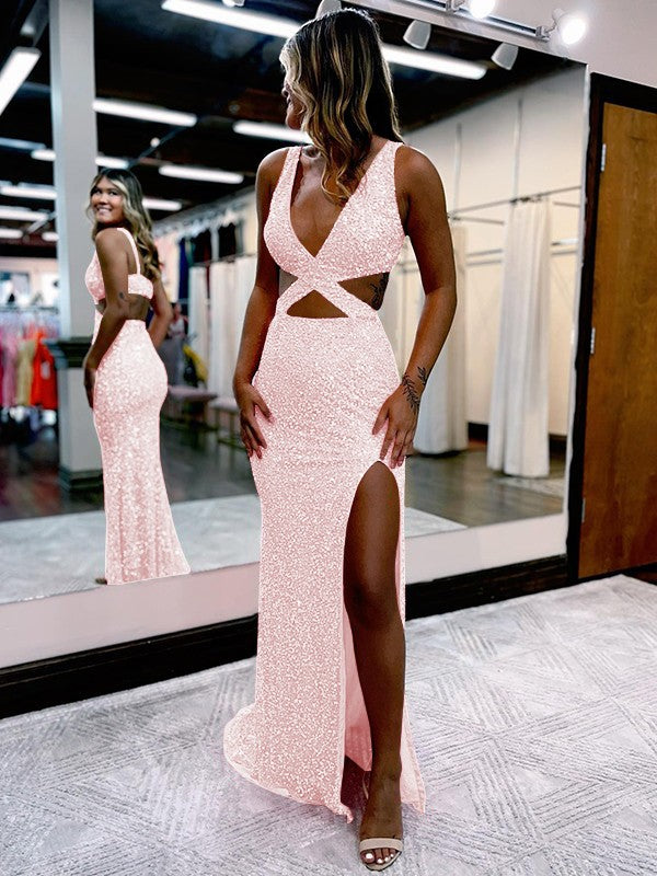 Sheath/Column Velvet Sequins V-neck Sleeveless Sweep/Brush Train Prom Dress