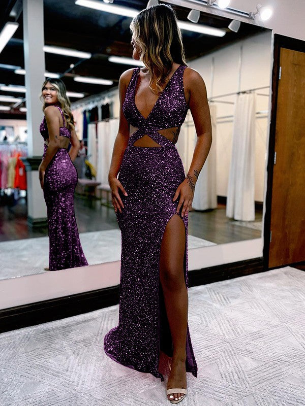 Sheath/Column Velvet Sequins V-neck Sleeveless Sweep/Brush Train Prom Dress