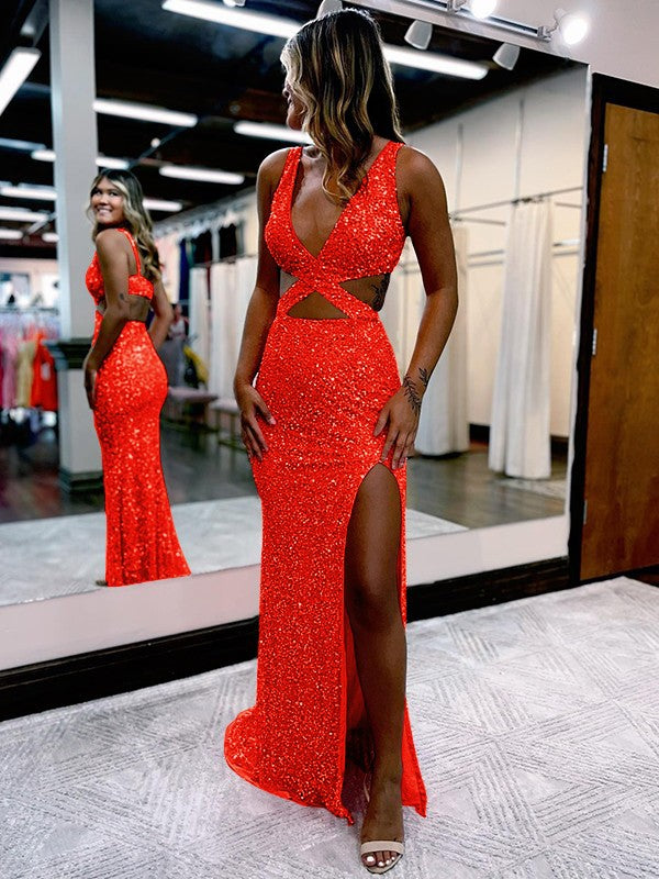 Sheath/Column Velvet Sequins V-neck Sleeveless Sweep/Brush Train Prom Dress