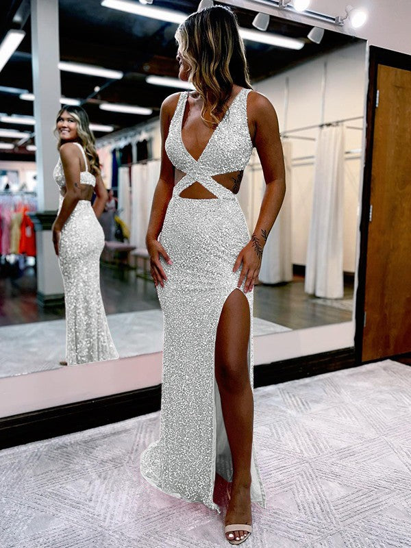 Sheath/Column Velvet Sequins V-neck Sleeveless Sweep/Brush Train Prom Dress