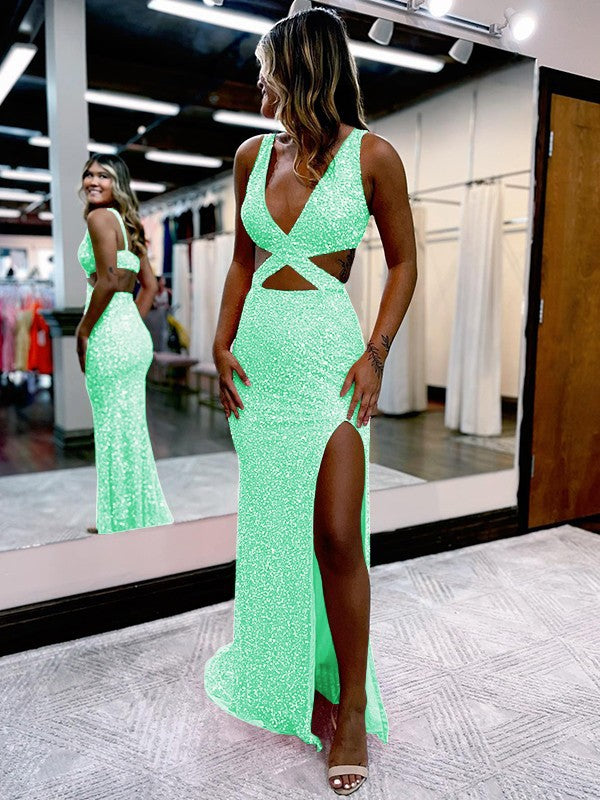 Sheath/Column Velvet Sequins V-neck Sleeveless Sweep/Brush Train Prom Dress