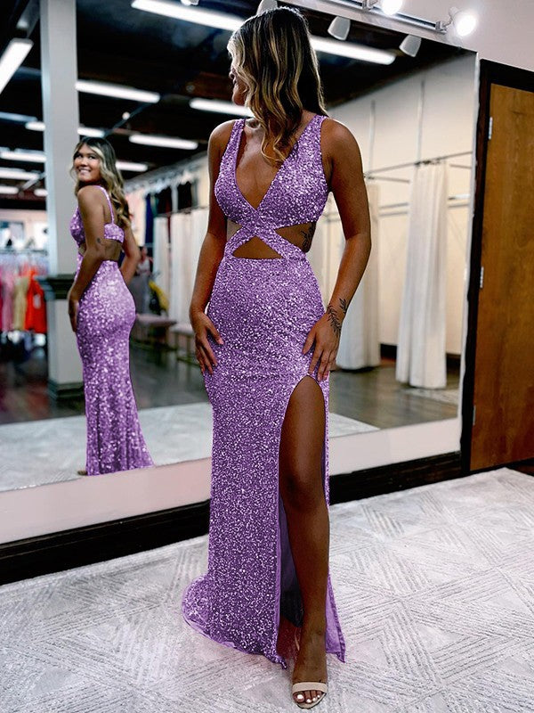 Sheath/Column Velvet Sequins V-neck Sleeveless Sweep/Brush Train Prom Dress