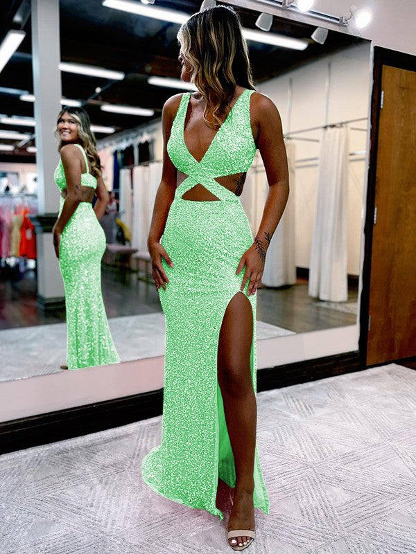 Sheath/Column Velvet Sequins V-neck Sleeveless Sweep/Brush Train Prom Dress