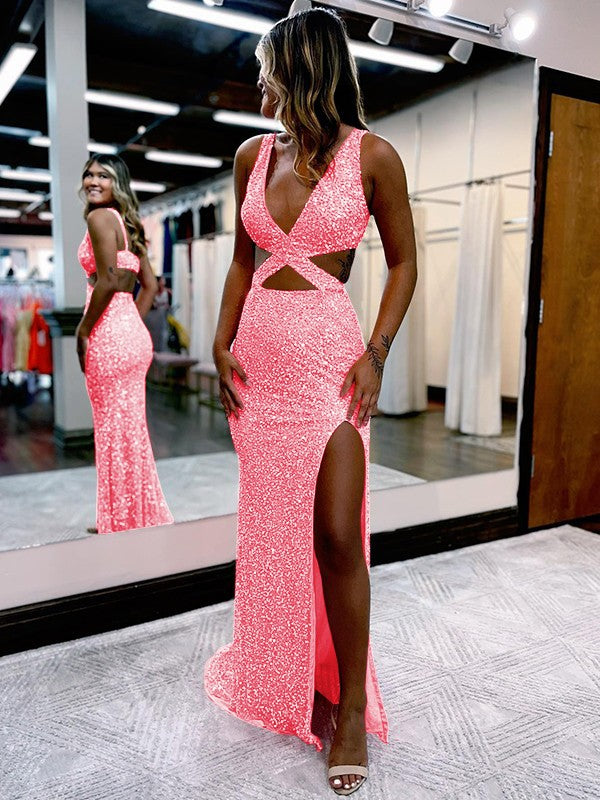 Sheath/Column Velvet Sequins V-neck Sleeveless Sweep/Brush Train Prom Dress
