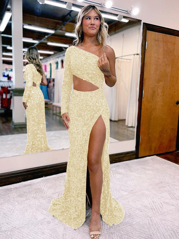 Trumpet/Mermaid Velvet Sequins One-Shoulder Long Sleeve Sweep/Brush Train Prom Dress