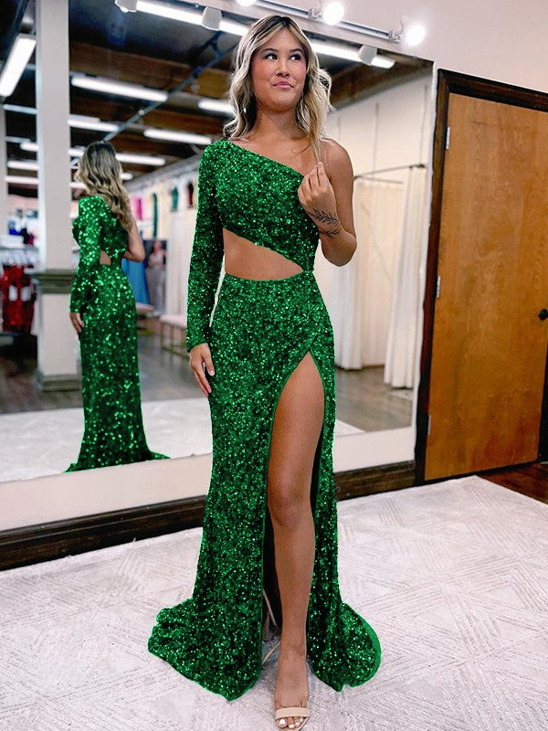 Trumpet/Mermaid Velvet Sequins One-Shoulder Long Sleeve Sweep/Brush Train Prom Dress