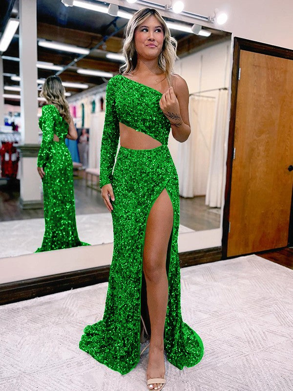 Trumpet/Mermaid Velvet Sequins One-Shoulder Long Sleeve Sweep/Brush Train Prom Dress