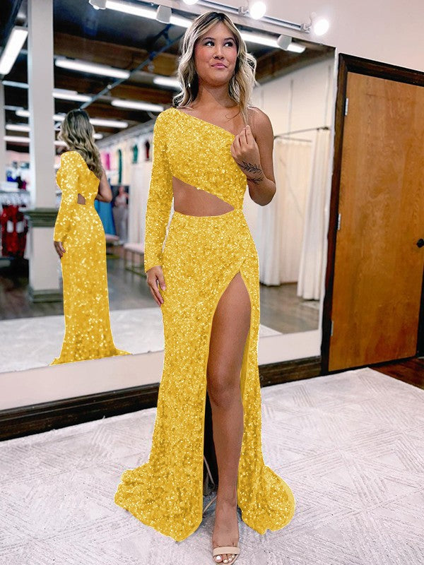 Trumpet/Mermaid Velvet Sequins One-Shoulder Long Sleeve Sweep/Brush Train Prom Dress