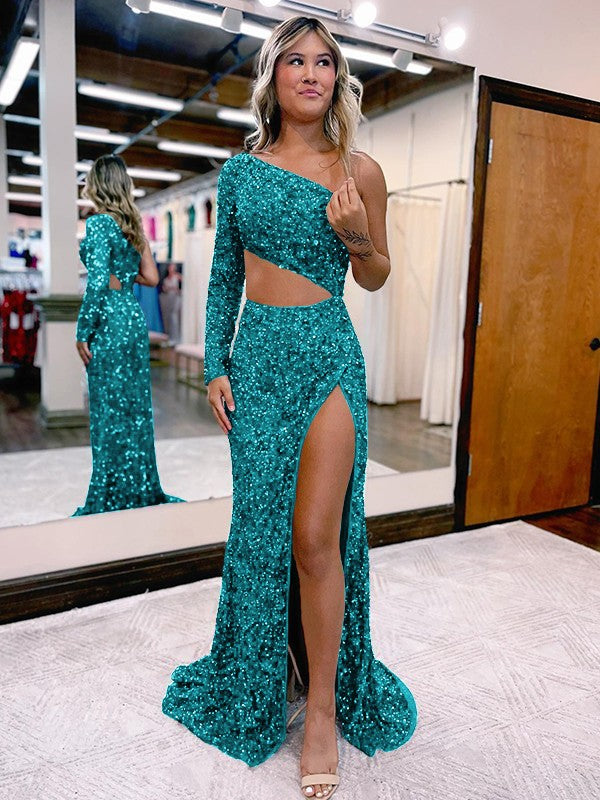 Trumpet/Mermaid Velvet Sequins One-Shoulder Long Sleeve Sweep/Brush Train Prom Dress