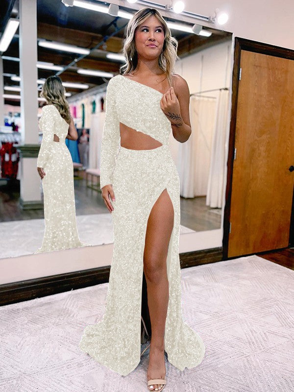 Trumpet/Mermaid Velvet Sequins One-Shoulder Long Sleeve Sweep/Brush Train Prom Dress