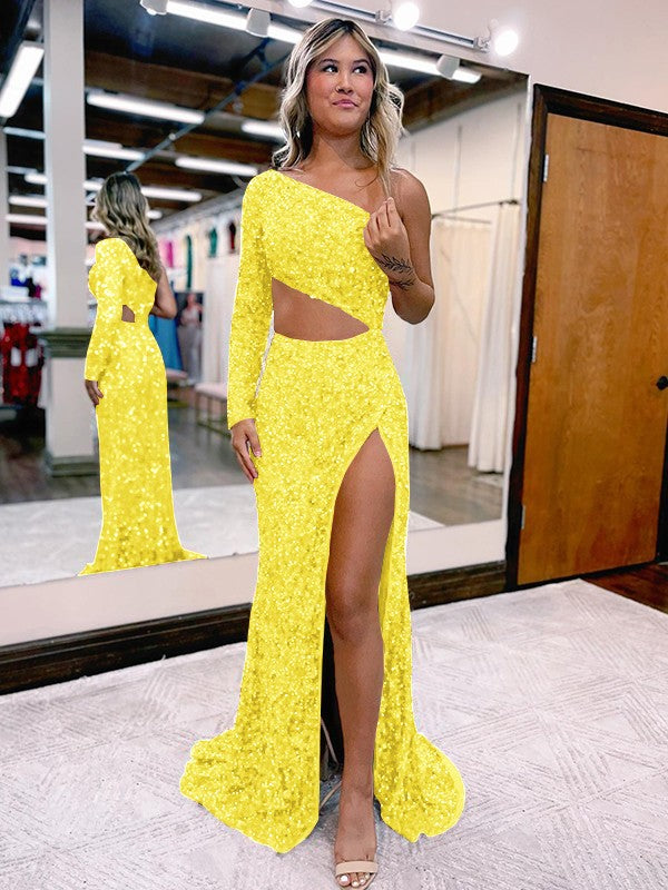 Trumpet/Mermaid Velvet Sequins One-Shoulder Long Sleeve Sweep/Brush Train Prom Dress