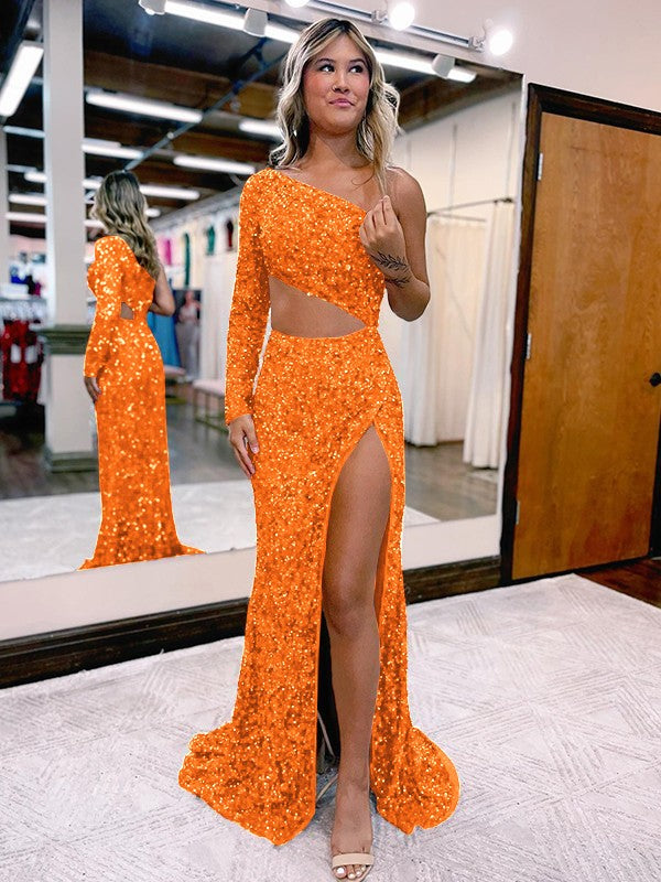 Trumpet/Mermaid Velvet Sequins One-Shoulder Long Sleeve Sweep/Brush Train Prom Dress
