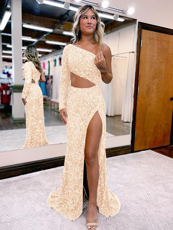 Trumpet/Mermaid Velvet Sequins One-Shoulder Long Sleeve Sweep/Brush Train Prom Dress