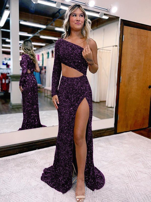 Trumpet/Mermaid Velvet Sequins One-Shoulder Long Sleeve Sweep/Brush Train Prom Dress