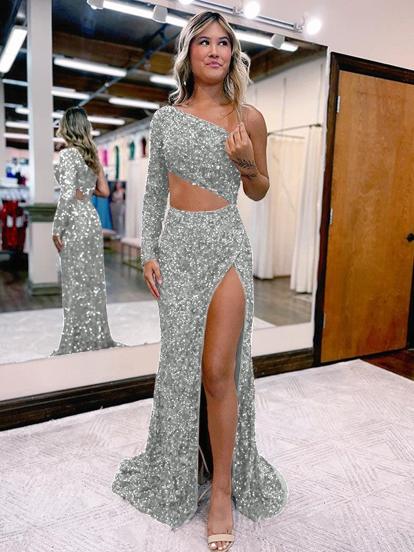 Trumpet/Mermaid Velvet Sequins One-Shoulder Long Sleeve Sweep/Brush Train Prom Dress