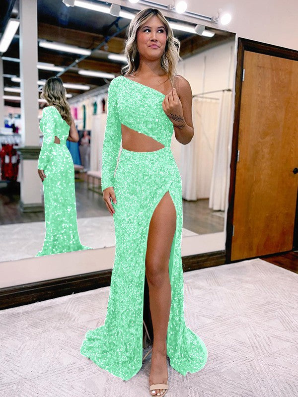 Trumpet/Mermaid Velvet Sequins One-Shoulder Long Sleeve Sweep/Brush Train Prom Dress