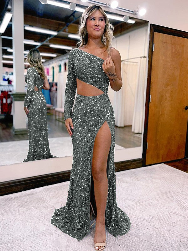 Trumpet/Mermaid Velvet Sequins One-Shoulder Long Sleeve Sweep/Brush Train Prom Dress