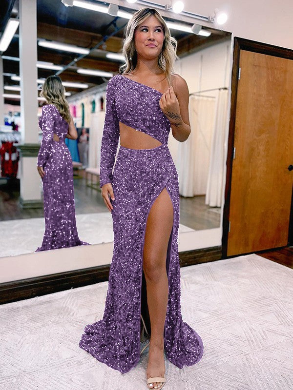 Trumpet/Mermaid Velvet Sequins One-Shoulder Long Sleeve Sweep/Brush Train Prom Dress