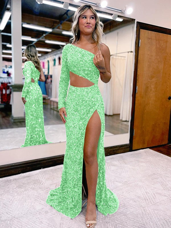 Trumpet/Mermaid Velvet Sequins One-Shoulder Long Sleeve Sweep/Brush Train Prom Dress