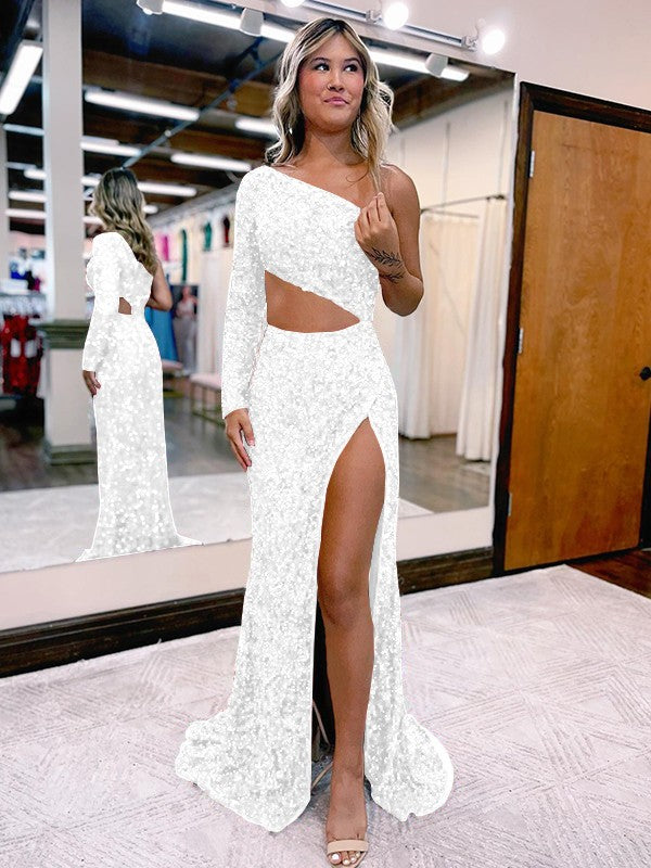 Trumpet/Mermaid Velvet Sequins One-Shoulder Long Sleeve Sweep/Brush Train Prom Dress