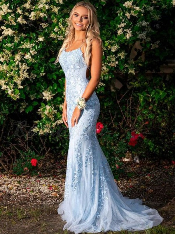 Trumpet/Mermaid Tulle Applique Spaghetti Straps Sleeveless Sweep/Brush Train Prom Dress