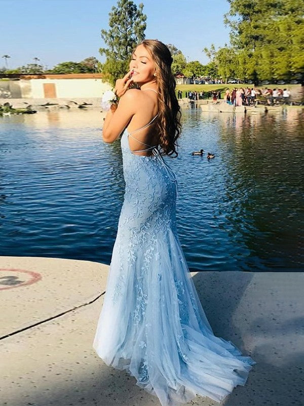 Trumpet/Mermaid Tulle Applique Spaghetti Straps Sleeveless Sweep/Brush Train Prom Dress