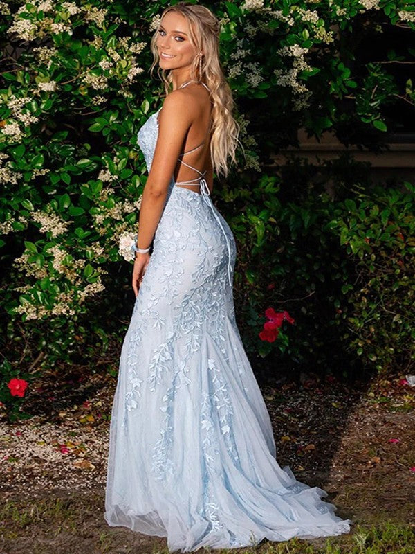 Trumpet/Mermaid Tulle Applique Spaghetti Straps Sleeveless Sweep/Brush Train Prom Dress