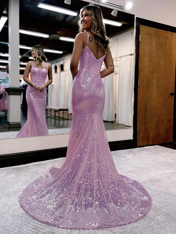Trumpet/Mermaid Sequins Sweetheart Sleeveless Court Train Corset Prom Dress