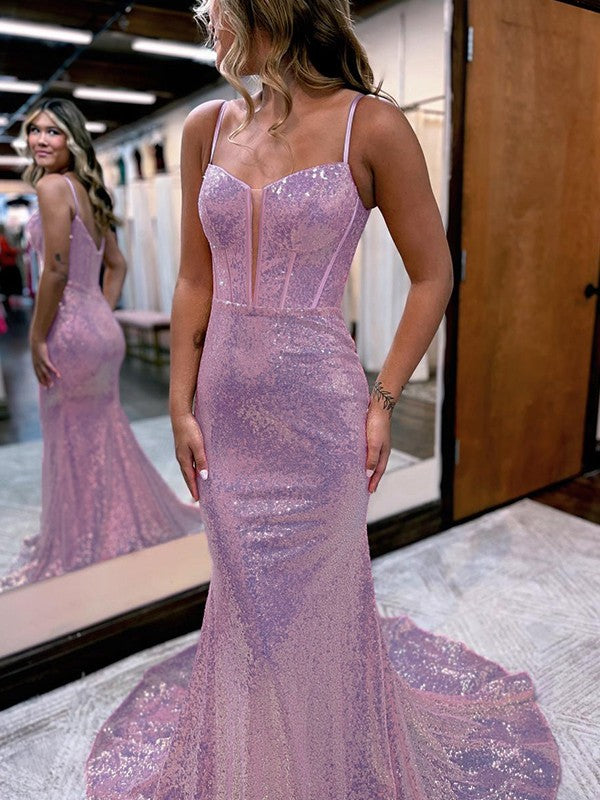 Trumpet/Mermaid Sequins Sweetheart Sleeveless Court Train Corset Prom Dress