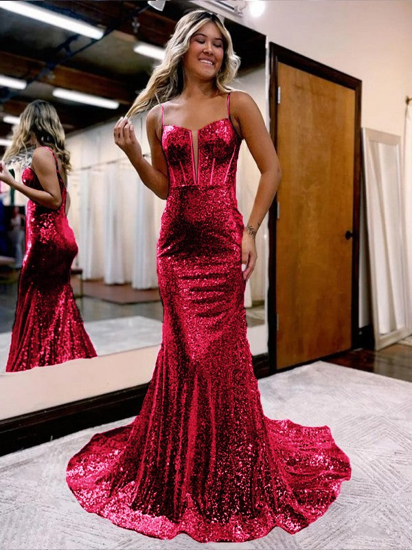 Trumpet/Mermaid Sequins Sweetheart Sleeveless Court Train Corset Prom Dress
