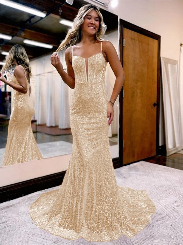 Trumpet/Mermaid Sequins Sweetheart Sleeveless Court Train Corset Prom Dress