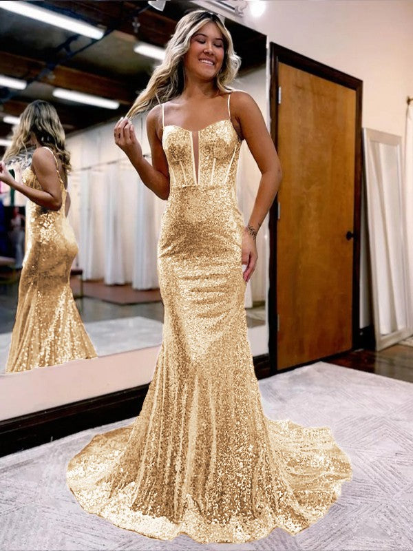 Trumpet/Mermaid Sequins Sweetheart Sleeveless Court Train Corset Prom Dress