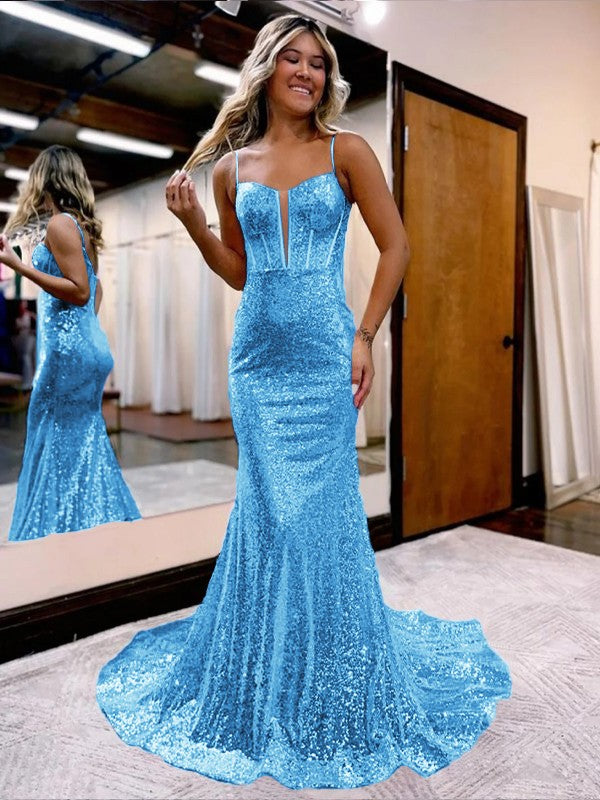 Trumpet/Mermaid Sequins Sweetheart Sleeveless Court Train Corset Prom Dress